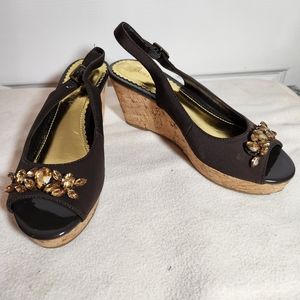Laura Ashley LA Imber Brown Jeweled Accent Slingback Peep Toe Cork Wedges Sz 7B